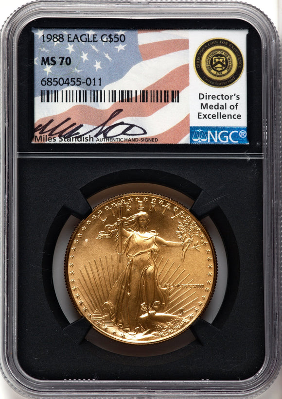 1988 $50 1 oz Gold Eagle NGC MS70 Hand Signed Miles Standish Lady Liberty